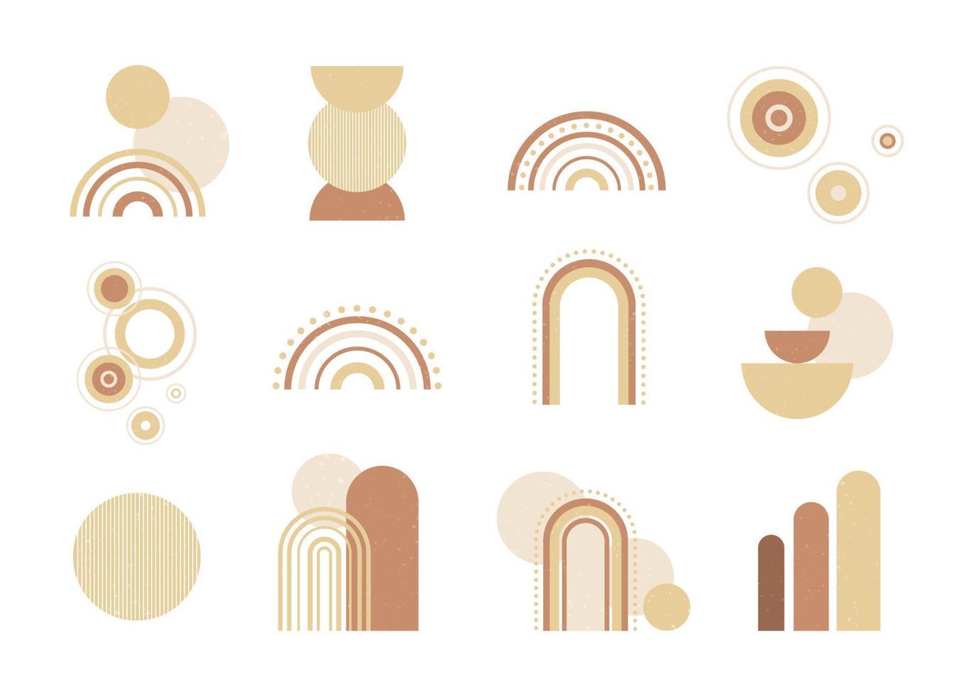 Set of boho style geometric, minimalistic design elements. Abstract shapes with texture. Modern aesthetic figures. Neutral wall decor, cover, print, card, branding designs. vector