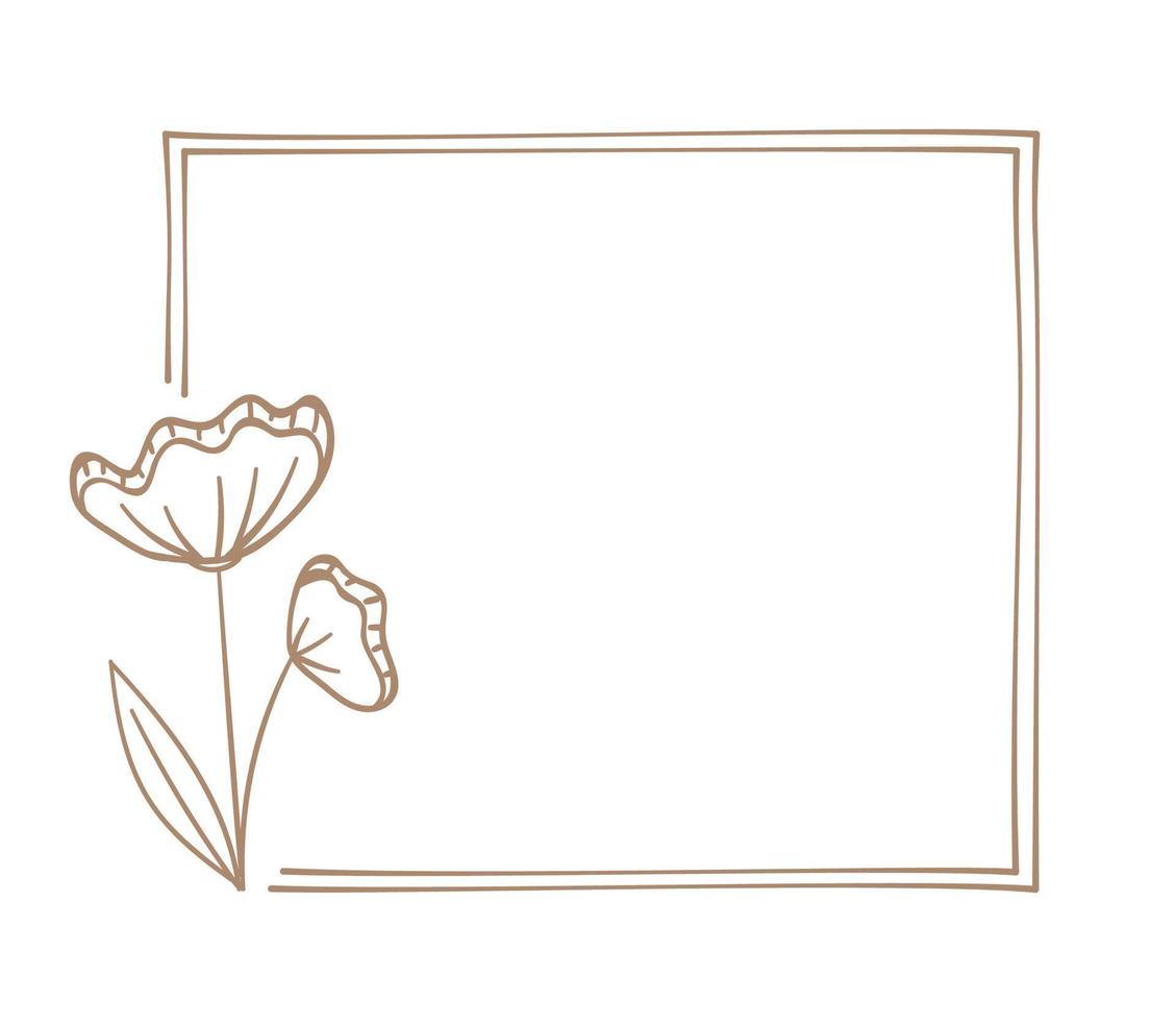 Botanical square frame. Hand drawn line border, leaves and flowers, wedding invitation cards, logo design, posters template. Elegant minimal style vector