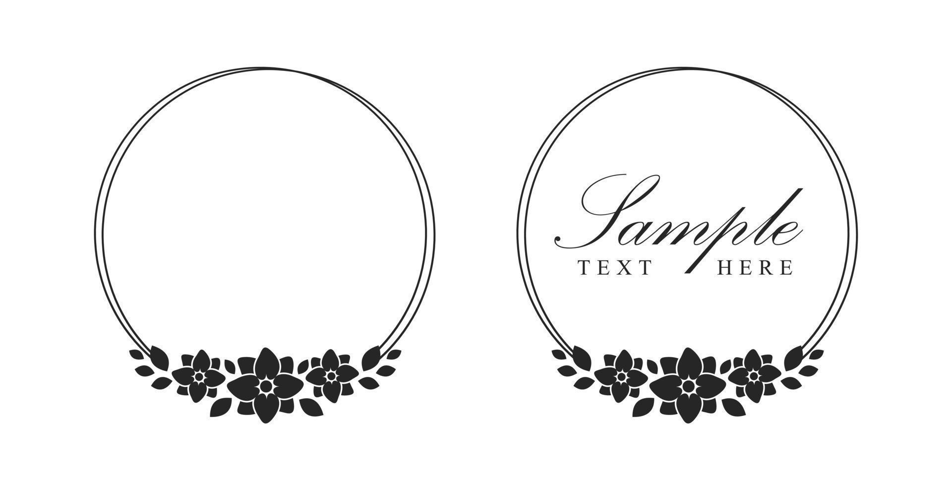 Floral wreath frame template. Round border with vine and hand drawn flower pattern. Vector round border with space for text.