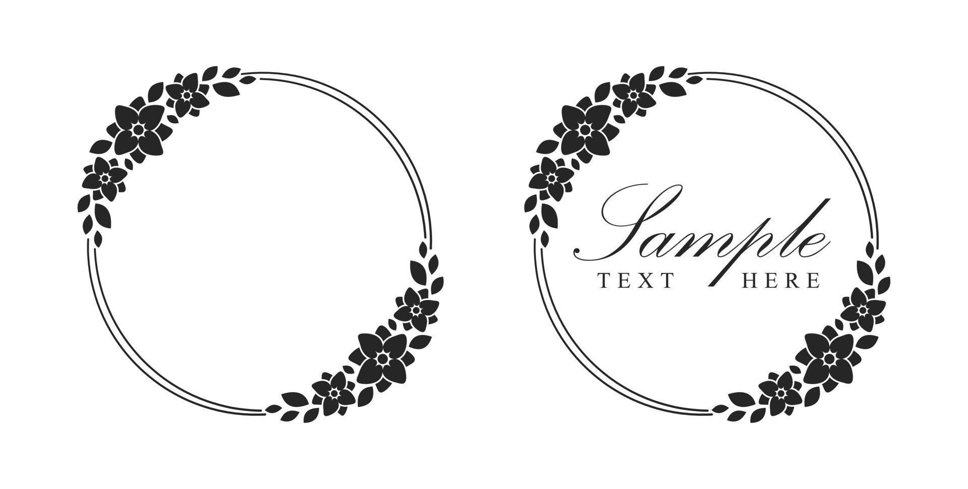 Floral wreath frame template. Round border with vine and hand drawn flower pattern. Vector round border with space for text.