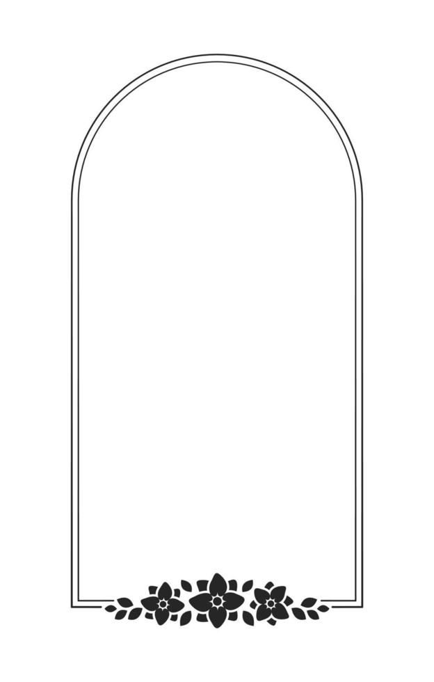 Floral arch vertical frame template. Geometric border with vine and hand drawn flower pattern. Vector rounded border with space for text.
