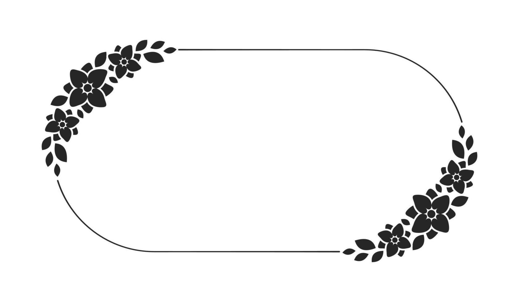 Floral wreath frame template. Rounded oval border with vine and hand drawn flower pattern. Vector round border with space for text.