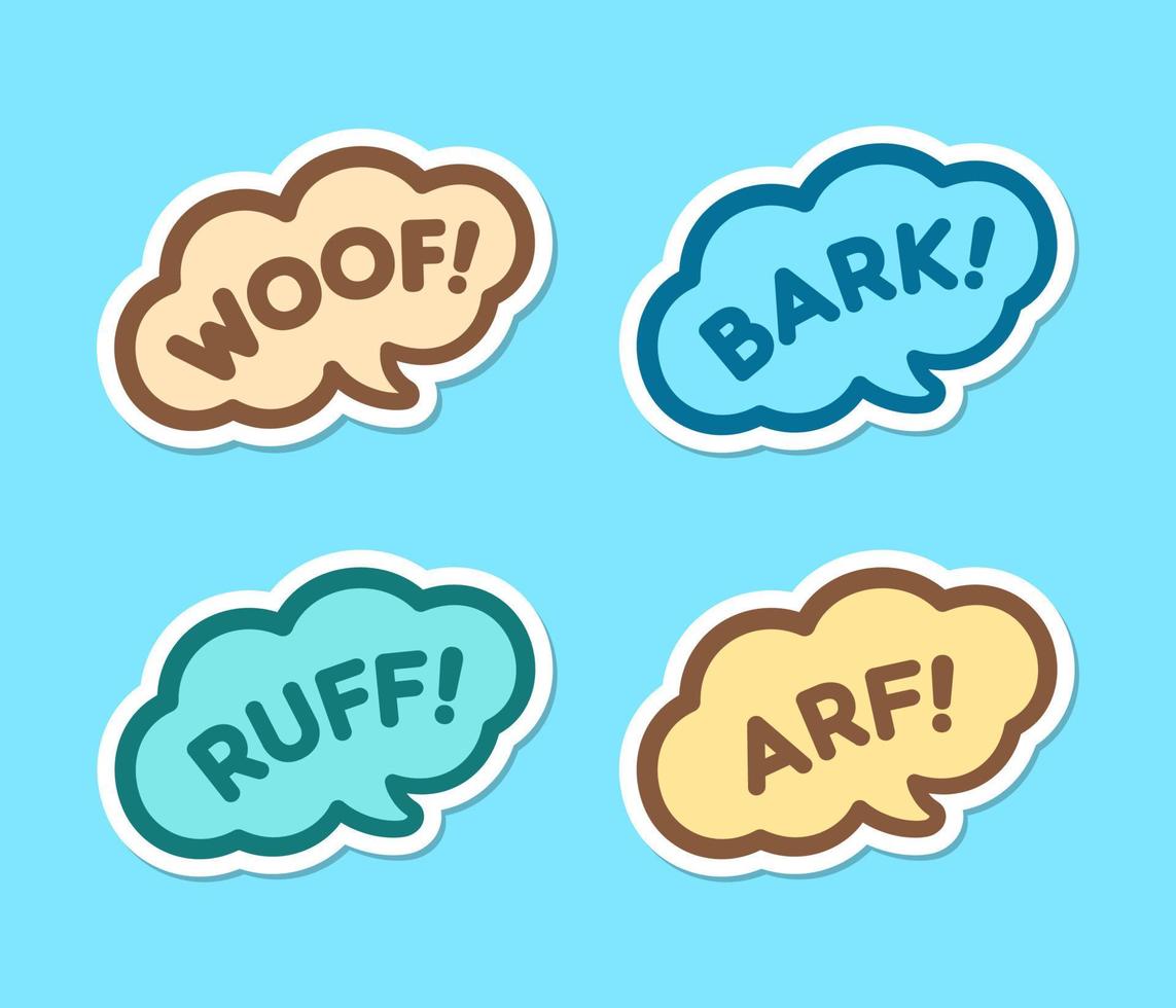 Dog bark animal sound effect text in a speech bubble balloon clipart set. Cute cartoon onomatopoeia comics and lettering. vector