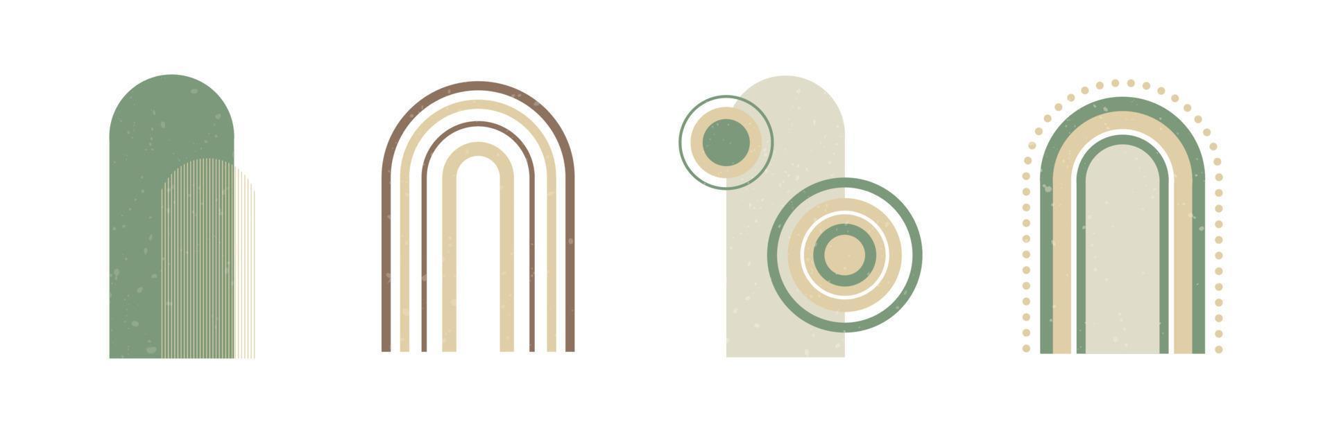 Set of boho style geometric, minimalistic design elements. Abstract shapes with texture. Modern aesthetic. Green organic wall decor, cover, print, card, branding designs. vector