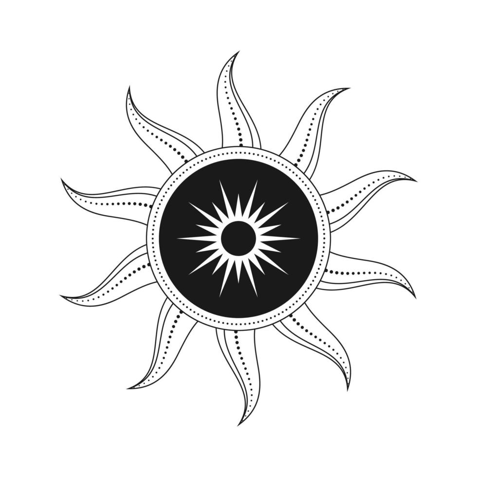 Abstract celestial sun vector illustration. Bohemian mystic symbol bursting sun rays. Magic talisman, antique tribal style, boho, tattoo, art print, tarot