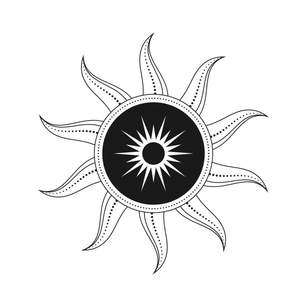 Abstract celestial sun vector illustration. Bohemian mystic symbol bursting sun rays. Magic talisman, antique tribal style, boho, tattoo, art print, tarot