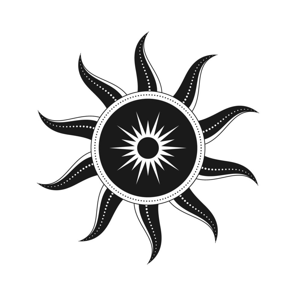 Abstract celestial sun vector illustration. Bohemian mystic symbol bursting sun rays. Magic talisman, antique tribal style, boho, tattoo, art print, tarot