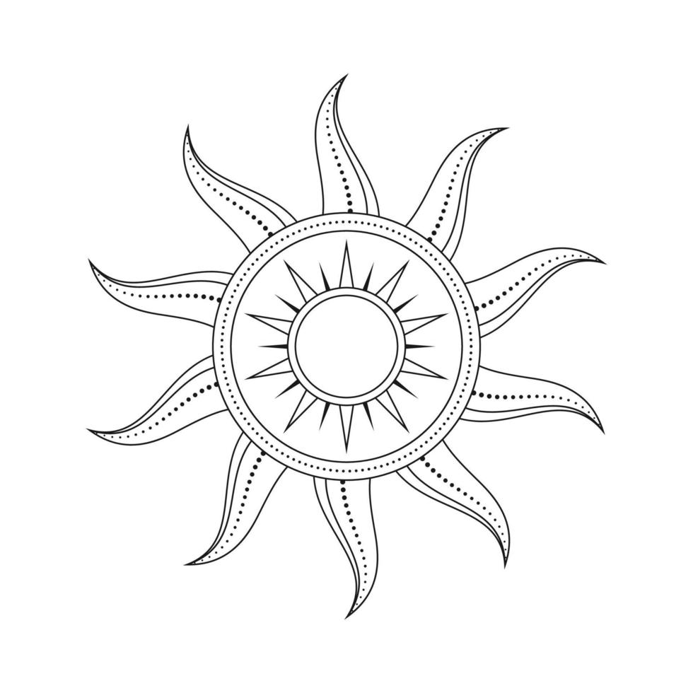 Abstract celestial sun vector illustration. Bohemian mystic symbol bursting sun rays. Magic talisman, antique tribal style, boho, tattoo, art print, tarot