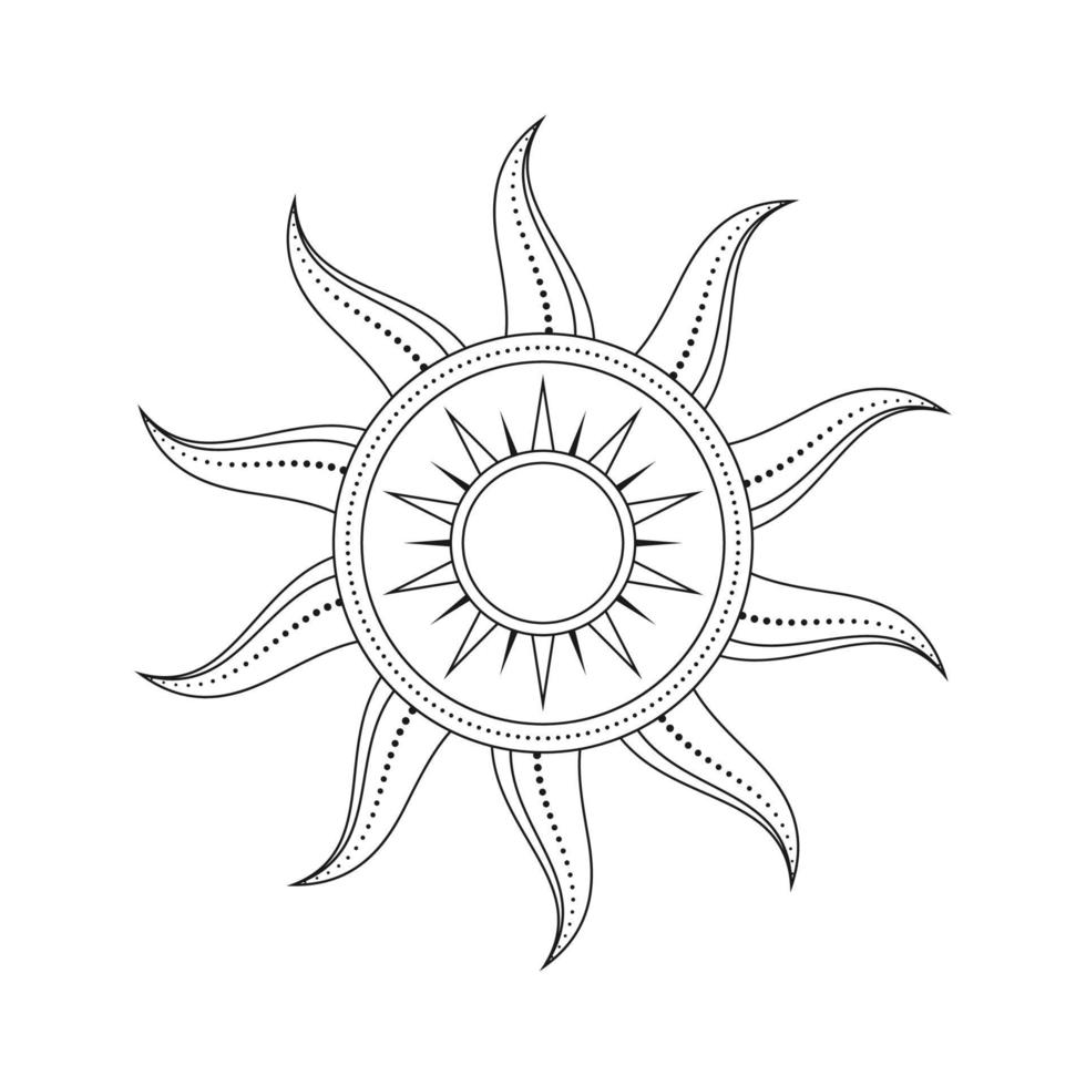 Abstract celestial sun vector illustration. Bohemian mystic symbol bursting sun rays. Magic talisman, antique tribal style, boho, tattoo, art print, tarot