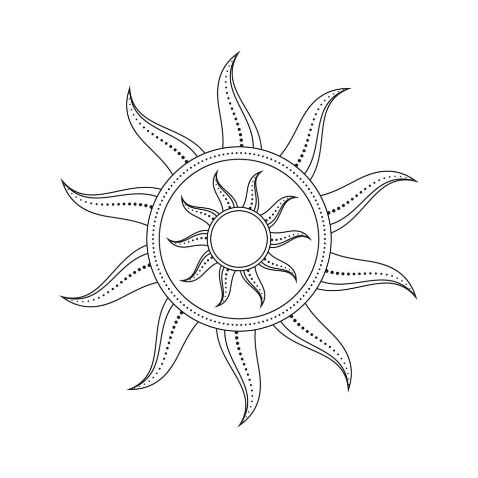 Abstract celestial sun vector illustration. Bohemian mystic symbol bursting sun rays. Magic talisman, antique tribal style, boho, tattoo, art print, tarot