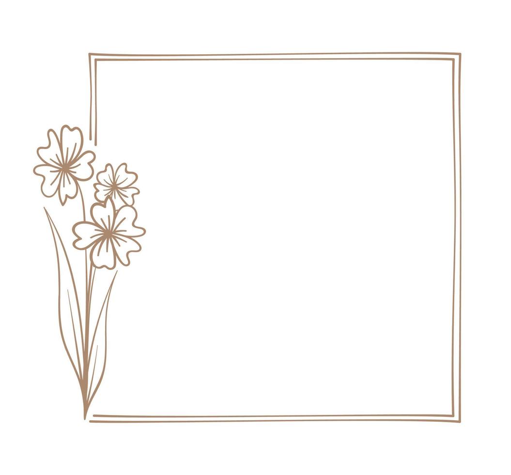 Botanical square frame. Hand drawn line border, leaves and flowers, wedding invitation cards, logo design, posters template. Elegant minimal style vector