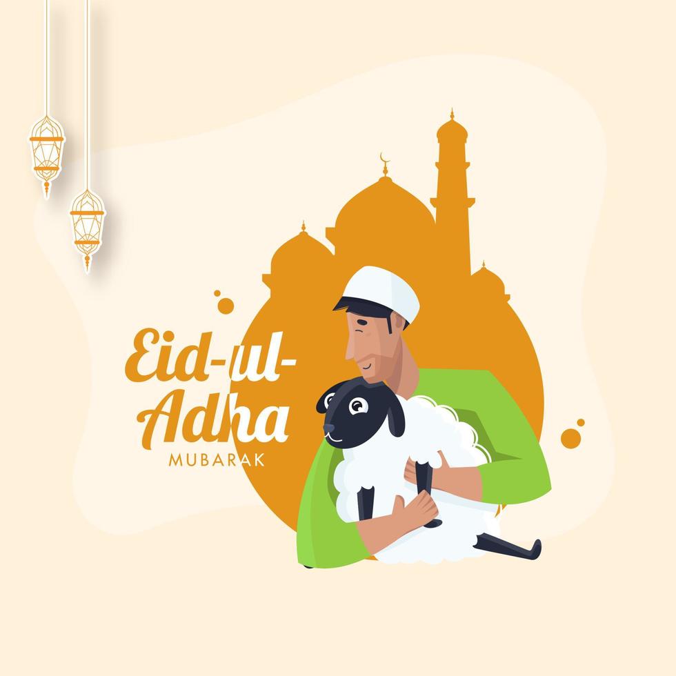 Eid-Ul-Adha Mubarak Concept with Brown Silhouette Mosque, Sticker Style Hanging Lanterns and Muslim Man holding a Cartoon Sheep on Peachy Yellow Background. vector