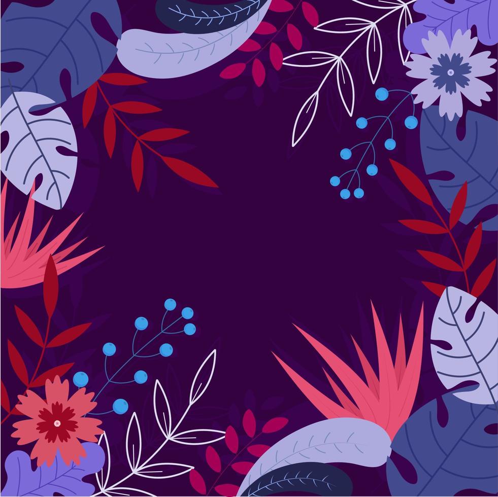 Purple Background Decorated with Flowers, Berry Branches and Leaves. vector