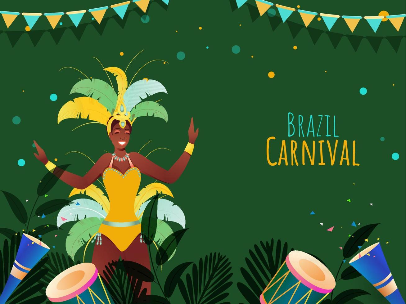 Brasil carnaval concepto con samba bailarín personaje, tambor instrumentos, leafes y fiesta corchete en verde antecedentes. vector