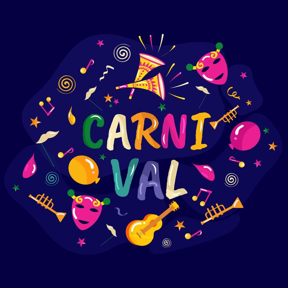 vistoso carnaval texto con música instrumento, mascarilla, globo, Bigote y estrellas decorado en azul antecedentes. vector