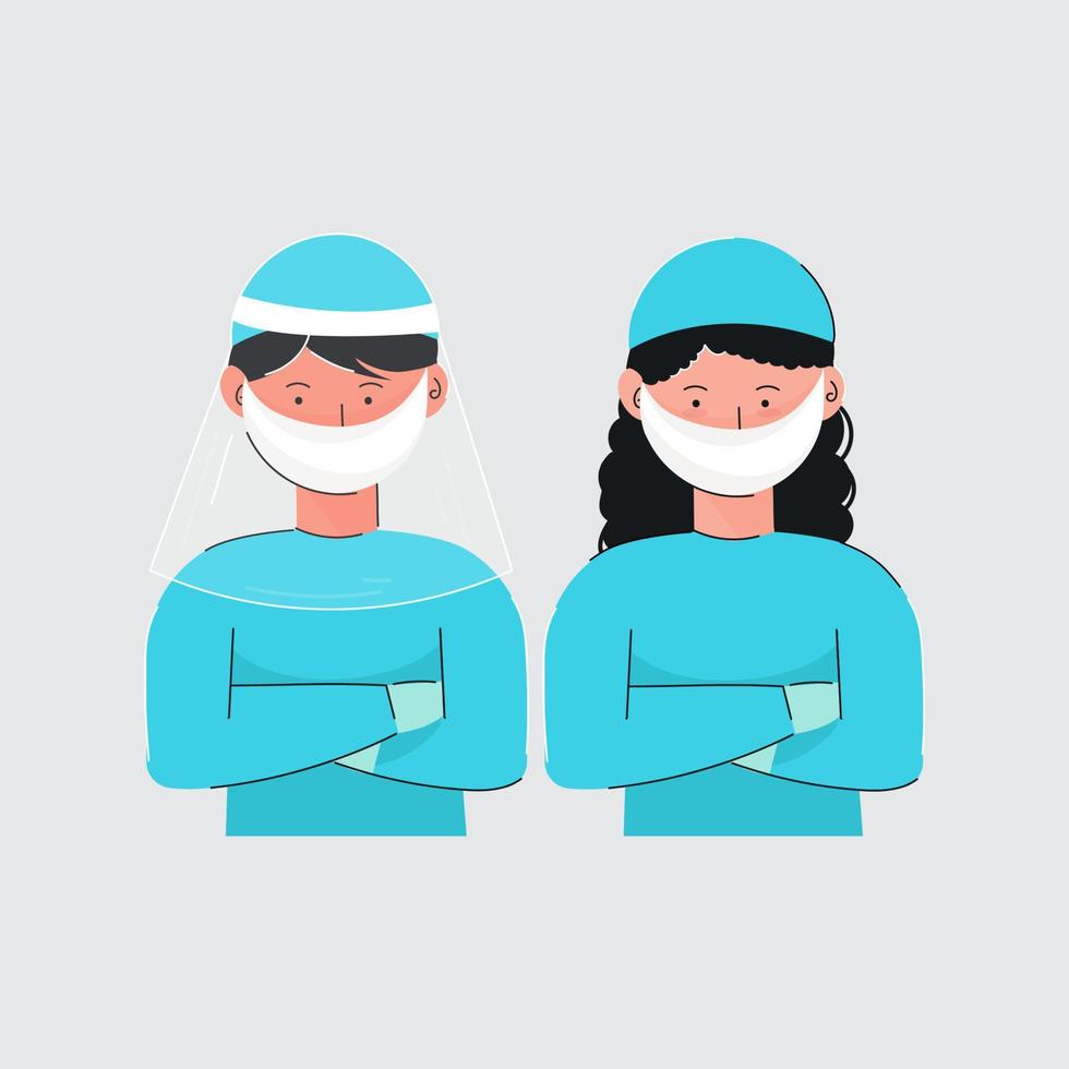 Cartoon Boy and Girl Wearing Protective Medical Uniform on Grey Background. vector