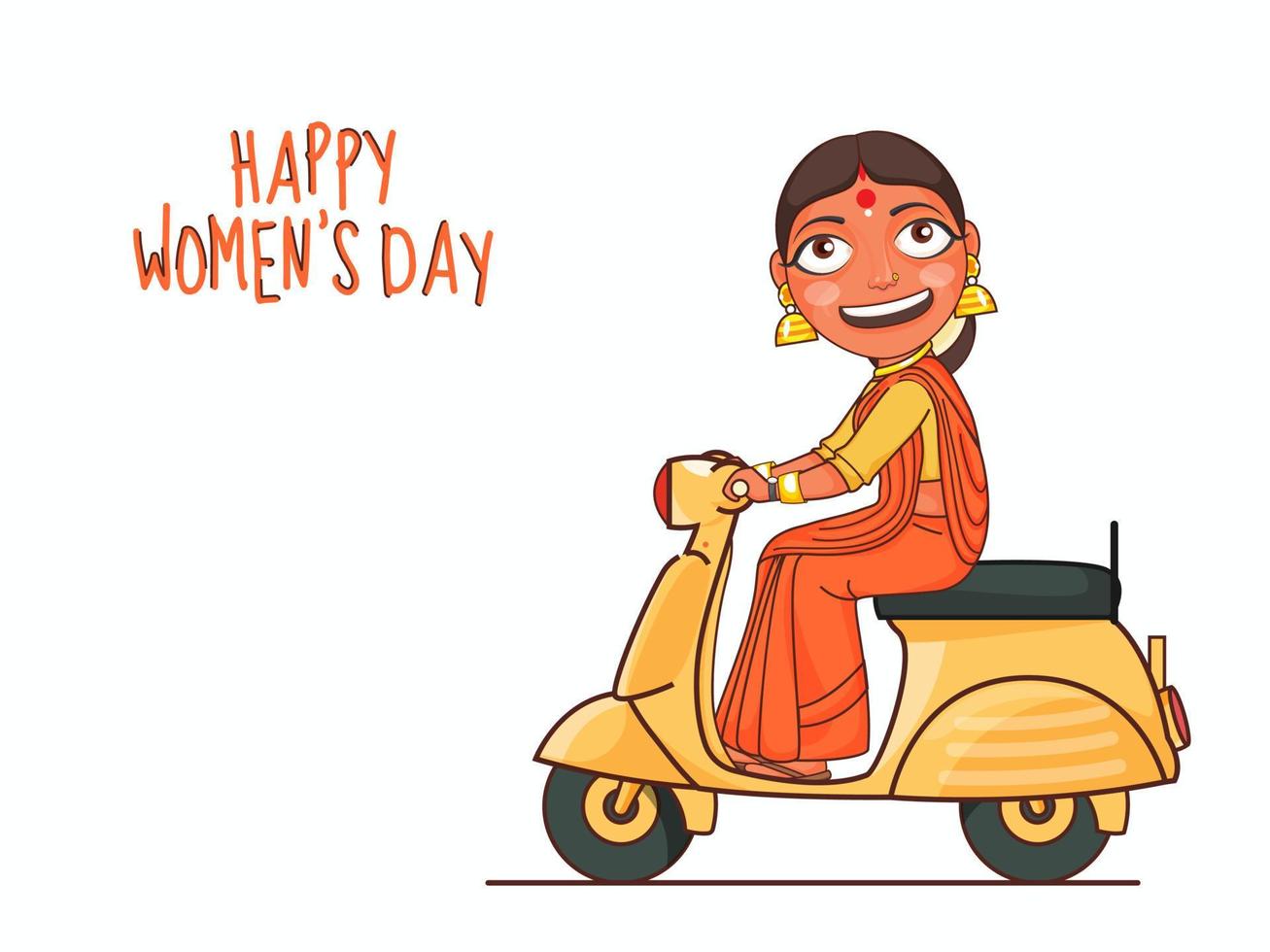 Indian Woman Driving Scooter on White Background for Happy Women's Day Celebration Concept. vector