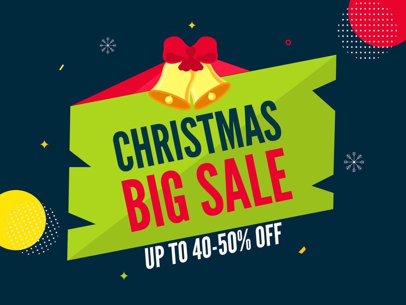 Christmas Big Sale Poster Design with 40-50 Discount Offer and Jingle Bells on Green and Teal Blue Background. vector