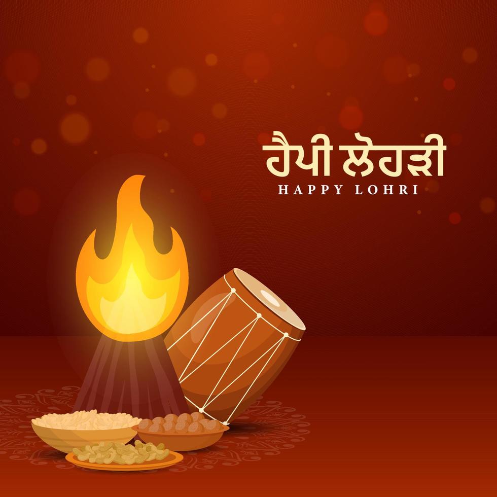 Happy Lohri Text In Punjabi Language With Bonfire, Dhol Instrument, Delicious Foods Illustration On Dark Red Background. vector