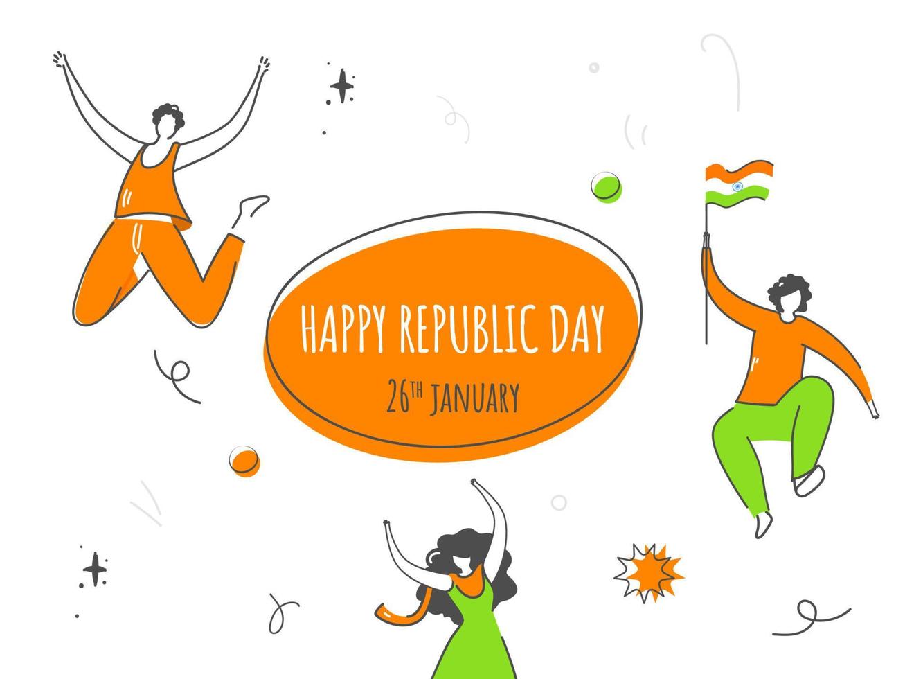 Illustration Of Cartoon Teenage People Jumping With Indian Flag On White Background For 26th January, Happy Republic Day. vector