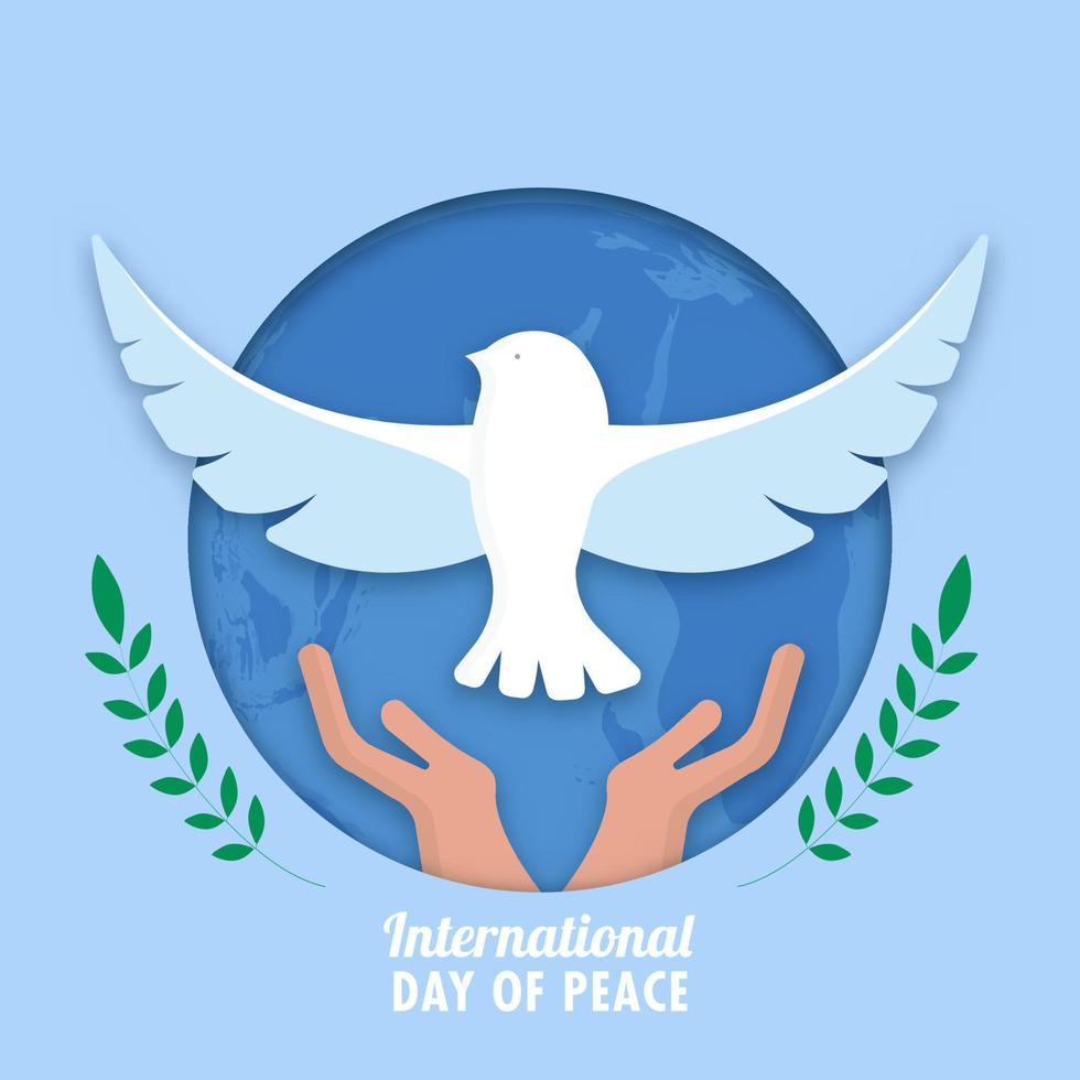 Blue Paper Cut Circle Shape Earth Globe Background with Hands Releasing Dove and Green Olive Leaf Branches for International Day Of Peace. vector