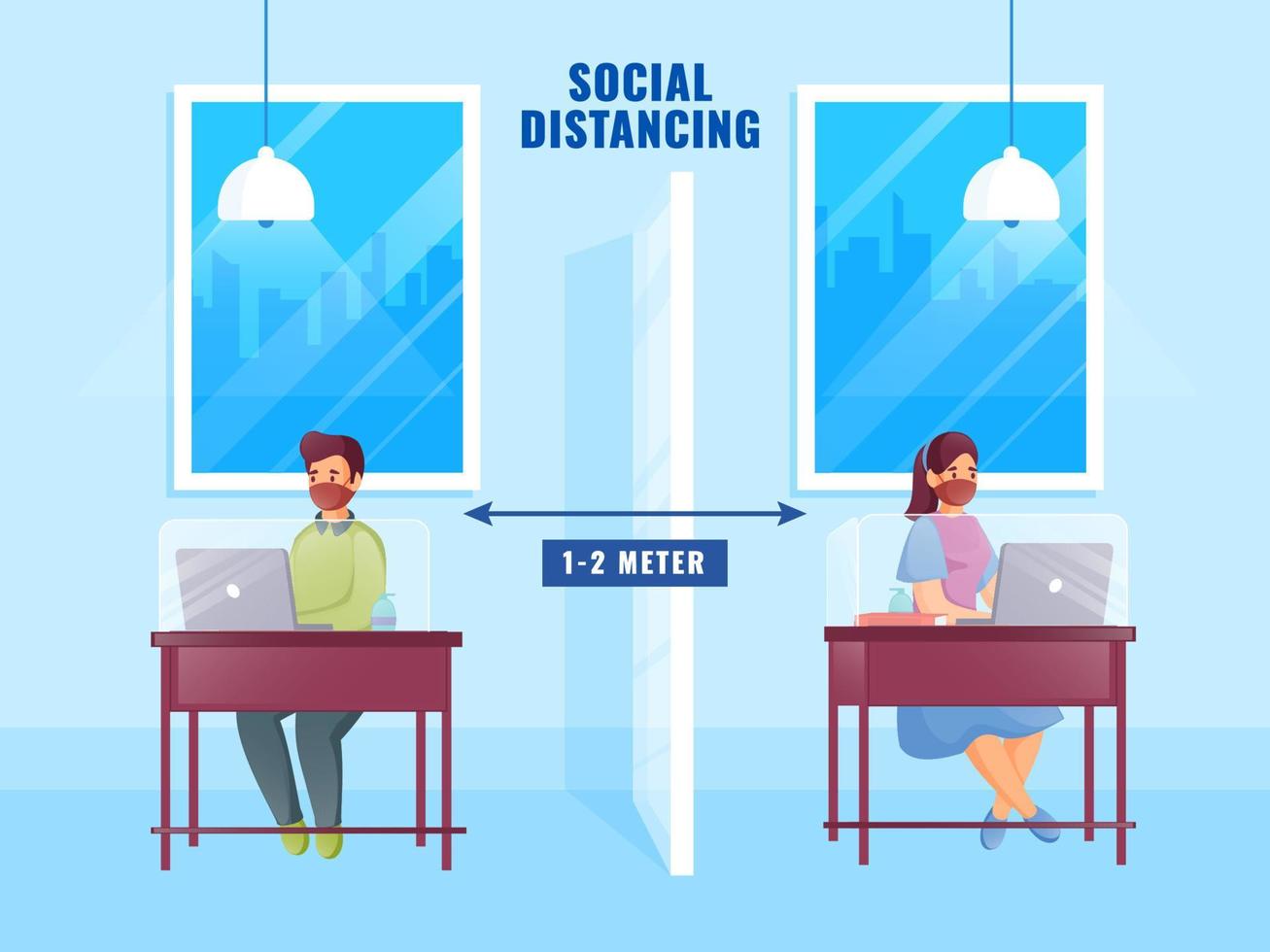 Character Of Young Boy And Girl Working Away 1-2 Meter Distance At Separate Table To Prevent From Coronavirus. vector