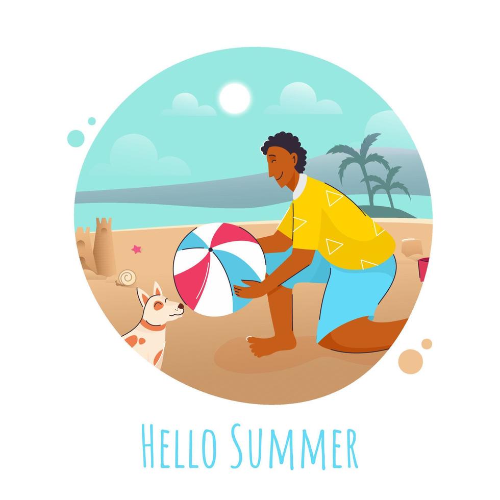 Hello Summer Text with Young Boy holding a Ball and Dog Animal on Morning Sand Beach View Abstract Background. vector