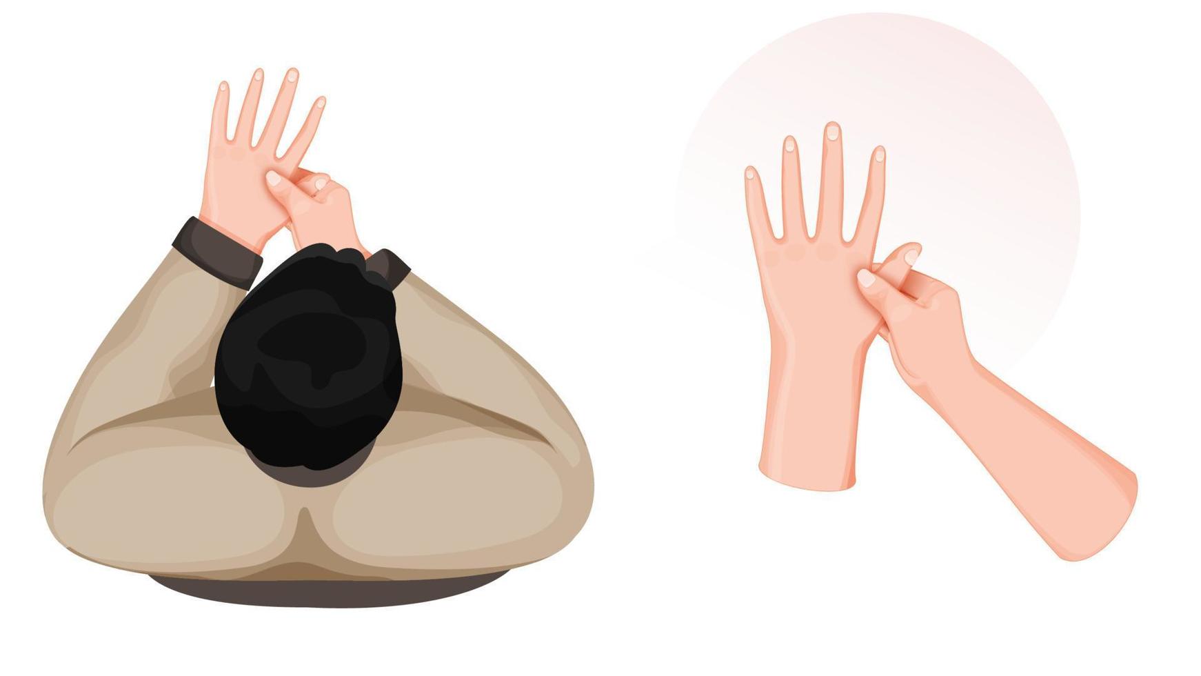 Top View Of Man Doing Acupressure Hand Massage On White Background. vector