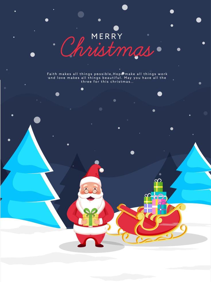 Cartoon Santa Claus Character With Sleigh Full Of Gift Boxes And Xmas Trees On Blue Snowfall Background For Merry Christmas. vector