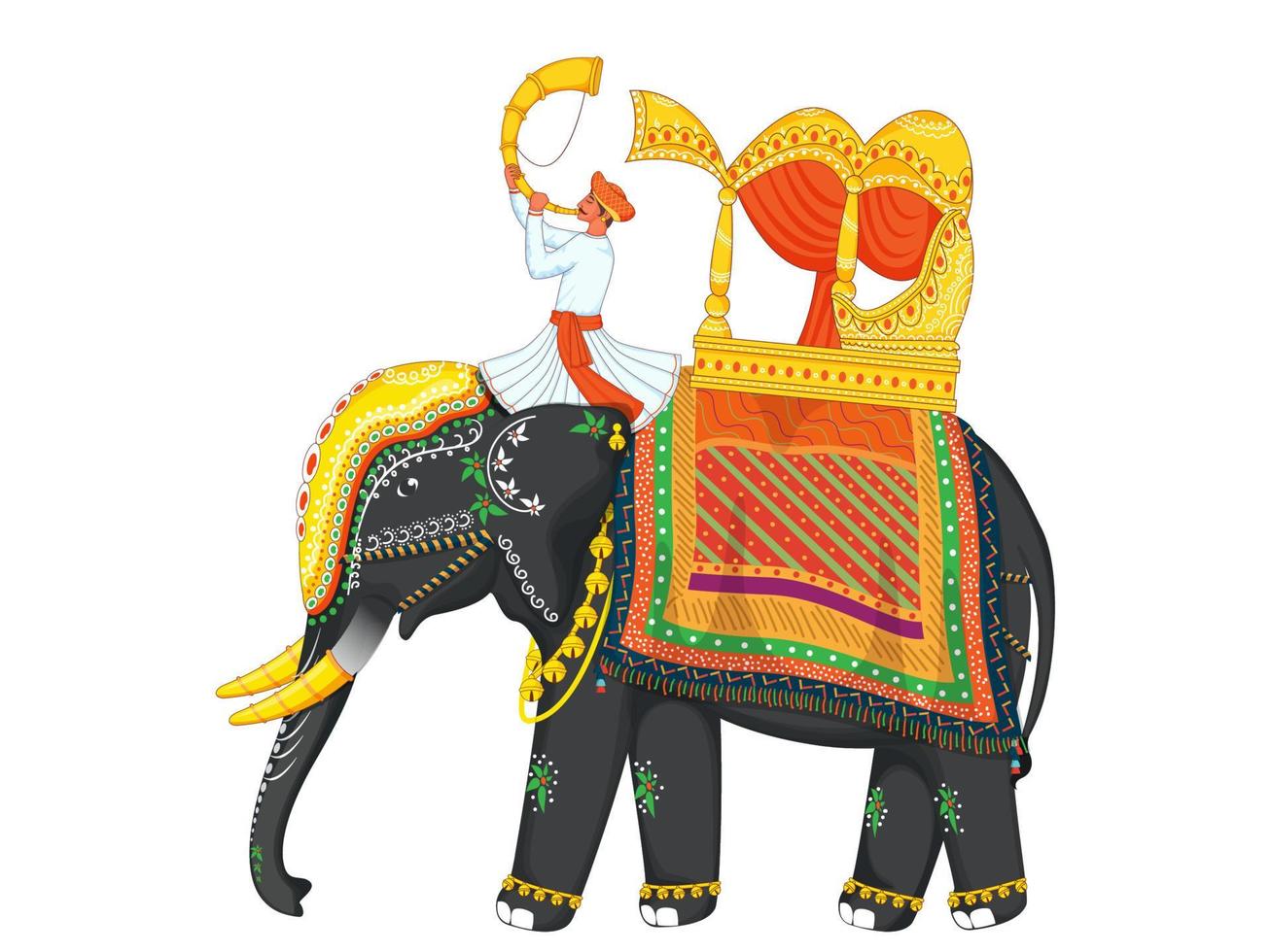 Cartoon Man Blowing Tutari Horn Sit on Decorative Indian Elephant. vector