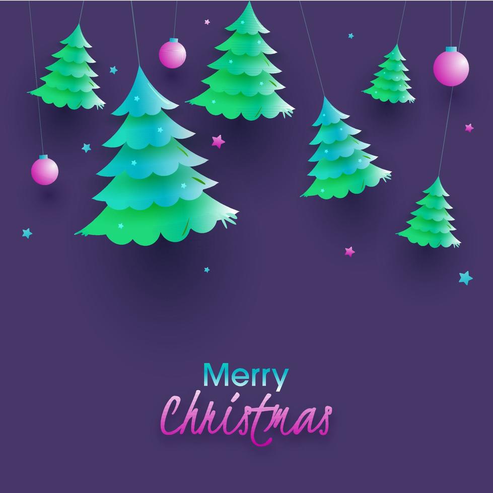 Glossy Paper Cut Xmas Trees with Pink Baubles Hang and Stars on Purple Background for Merry Christmas Celebration. vector