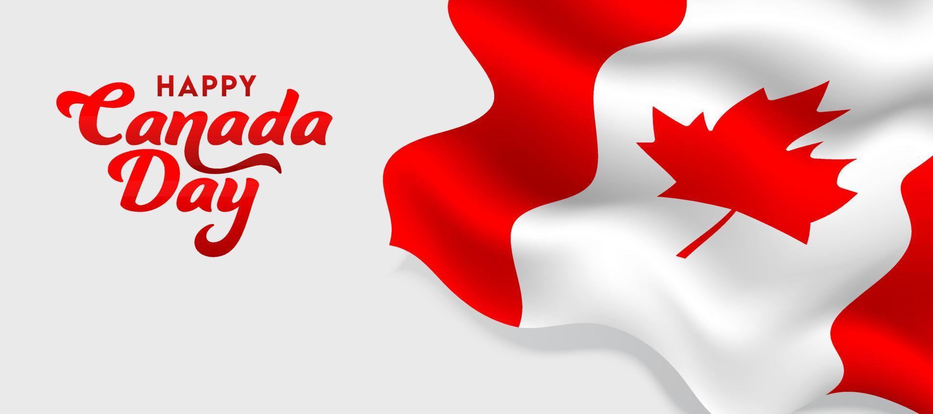 Happy Canada Day Font with Glossy Canadian Wavy Flag on White Background. vector