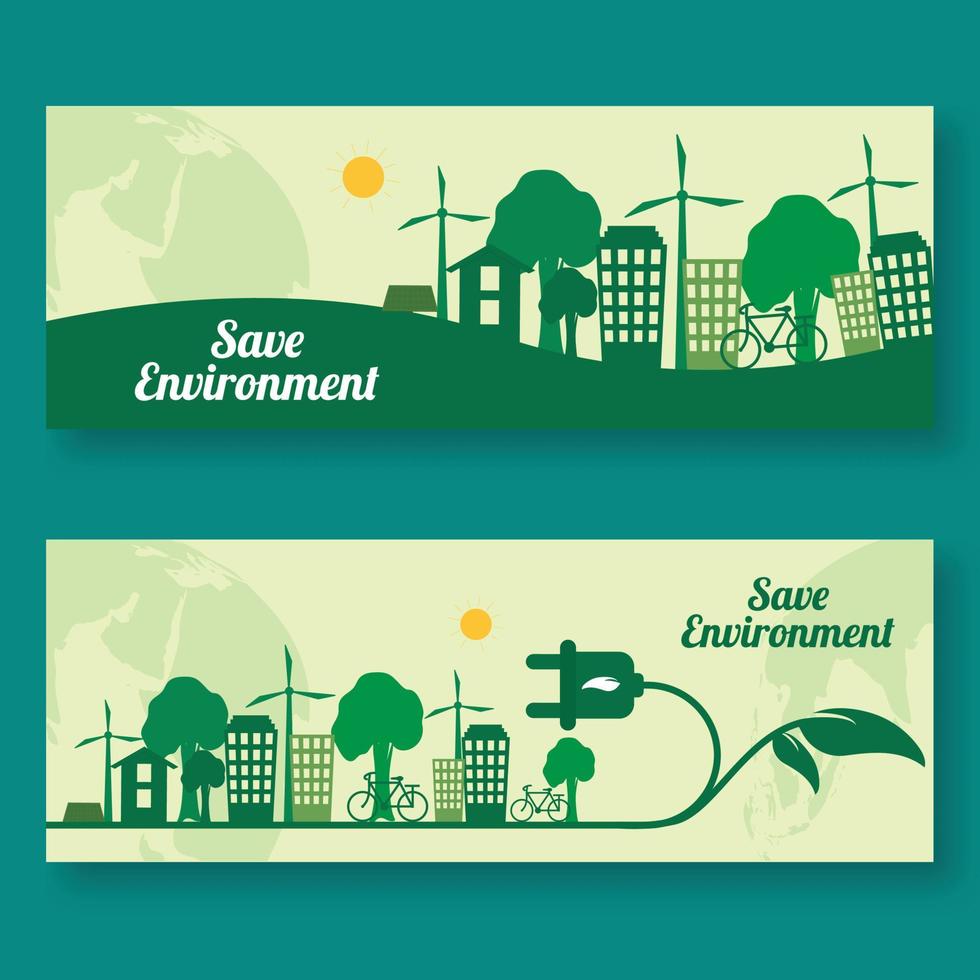 Save Environment Concept Based Header or Banner Design Set with Eco City View. vector