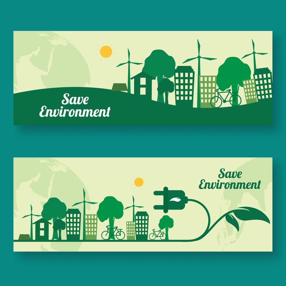 Save Environment Concept Based Header or Banner Design Set with Eco City View. vector