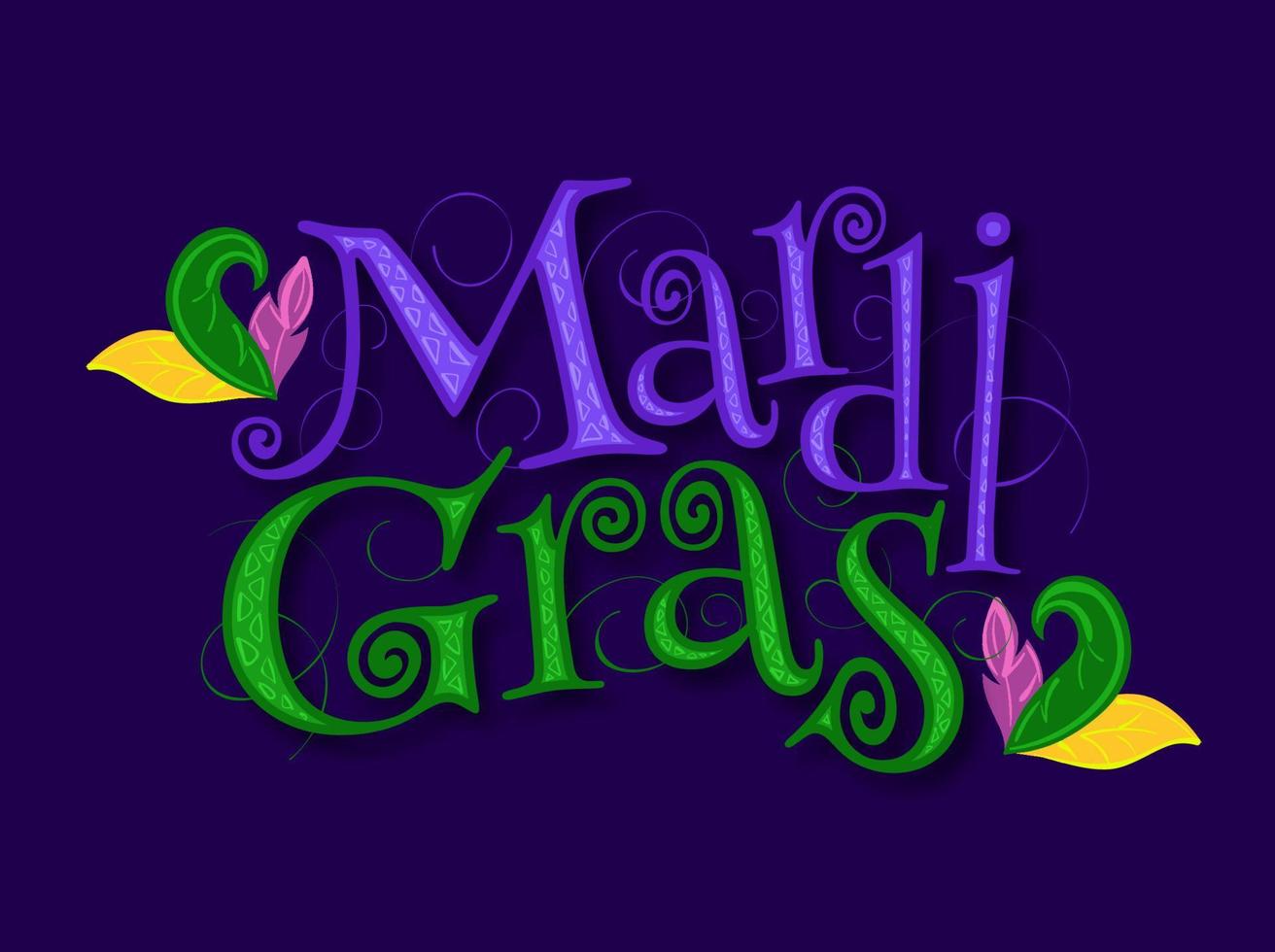Calligraphy Mardi Gras Text with Colorful Feather on Purple Background. vector