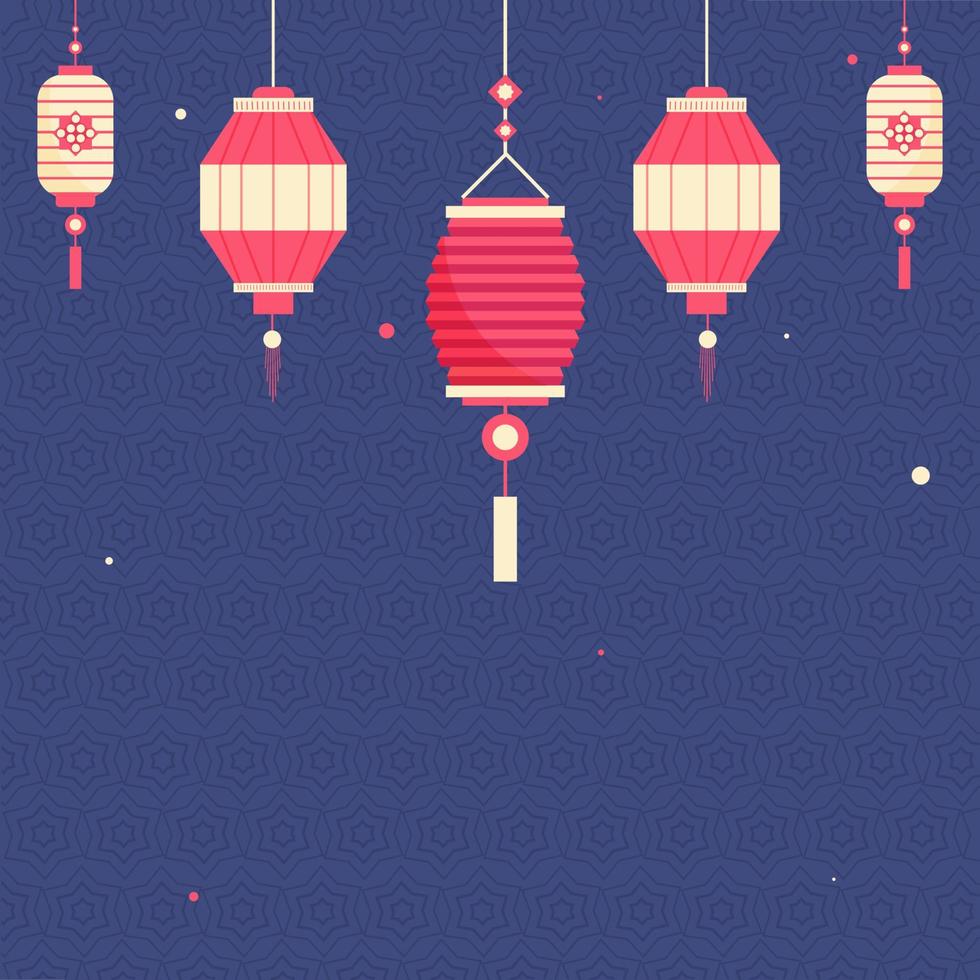 Chinese Lanterns Hang On Blue Geometric Star Pattern Background. vector
