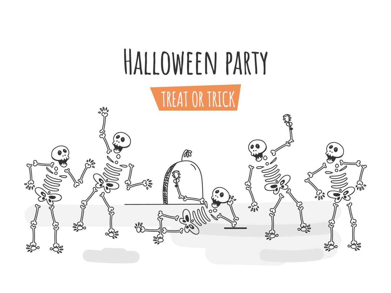 línea Arte ilustración de humano esqueletos bailando o disfrutando con bebida vaso en blanco antecedentes para Víspera de Todos los Santos fiesta, tratar o truco. vector