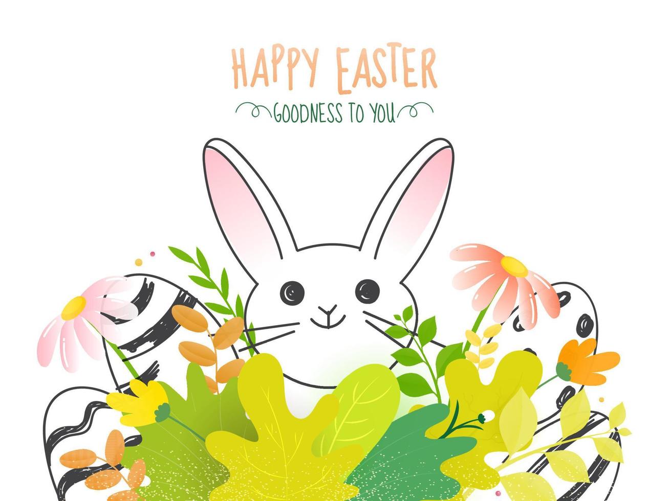 Cartoon Bunny Face with Eggs, Flowers and Leaves on White Background for Happy Easter, Goodness To You. vector