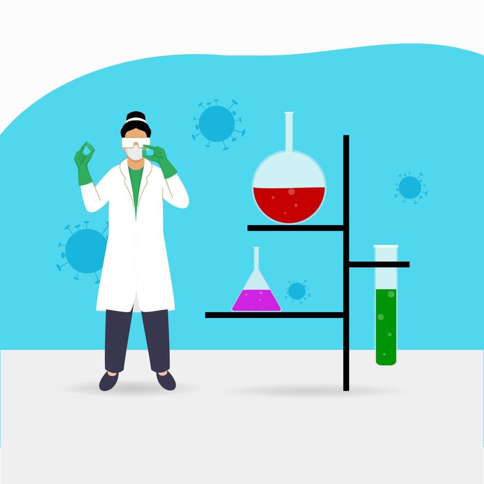 Vector Illustration Of Scientist Woman Researching Vaccine With Chemical Flasks On Blue And White Background.
