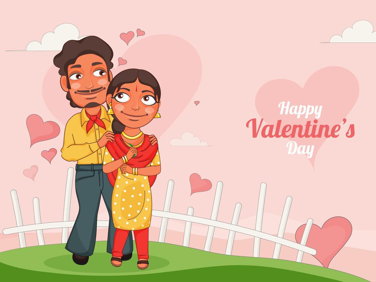 Young Couple Character Standing on Garden View with Pink Hearts Background for Happy Valentine's Day Celebration Concept. vector