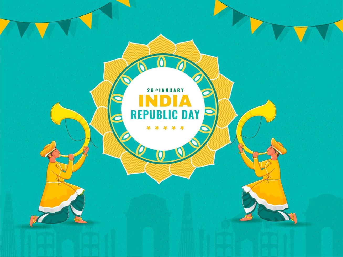 26 enero, India república día celebracion póster diseño con tradicional Tutari jugadores ilustración y verderón banderas en turquesa famoso monumentos antecedentes. vector