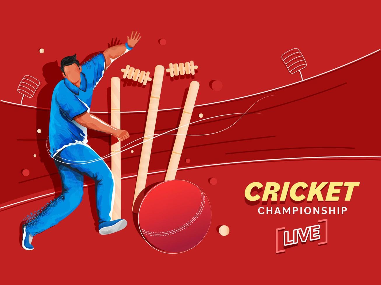 Live Cricket Championship Concept With Cartoon Bowler Character And Wicket Stump On Red Background. vector