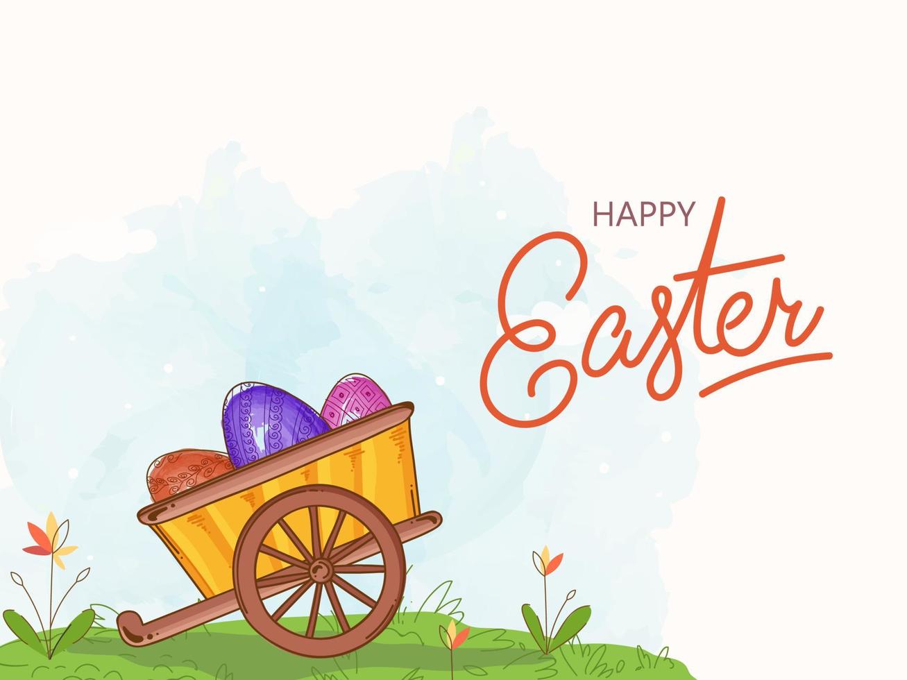 Happy Easter Celebration Concept with Watercolor Effect Eggs in Wheelbarrow on Nature View White Background. vector