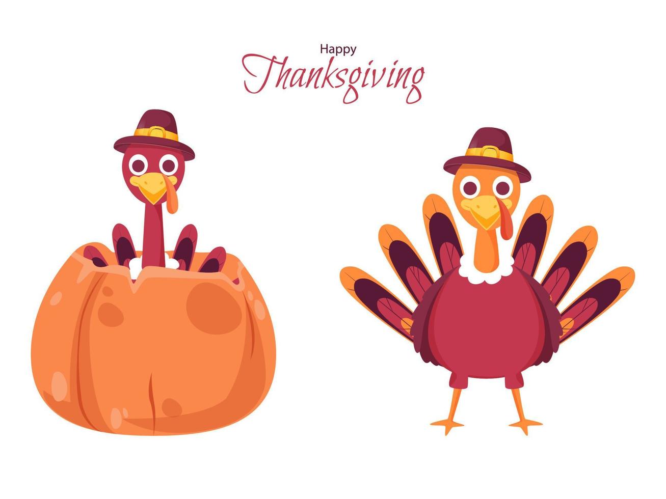 Illustration of Two Turkey Bird Wearing Pilgrim Hat with Pumpkin on White Background for Happy Thanksgiving Celebration. vector