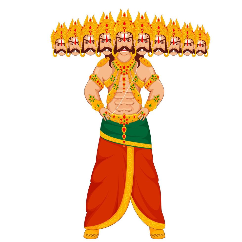 Illustration of King Ravan Demon with His Ten Heads in Standing Pose. vector