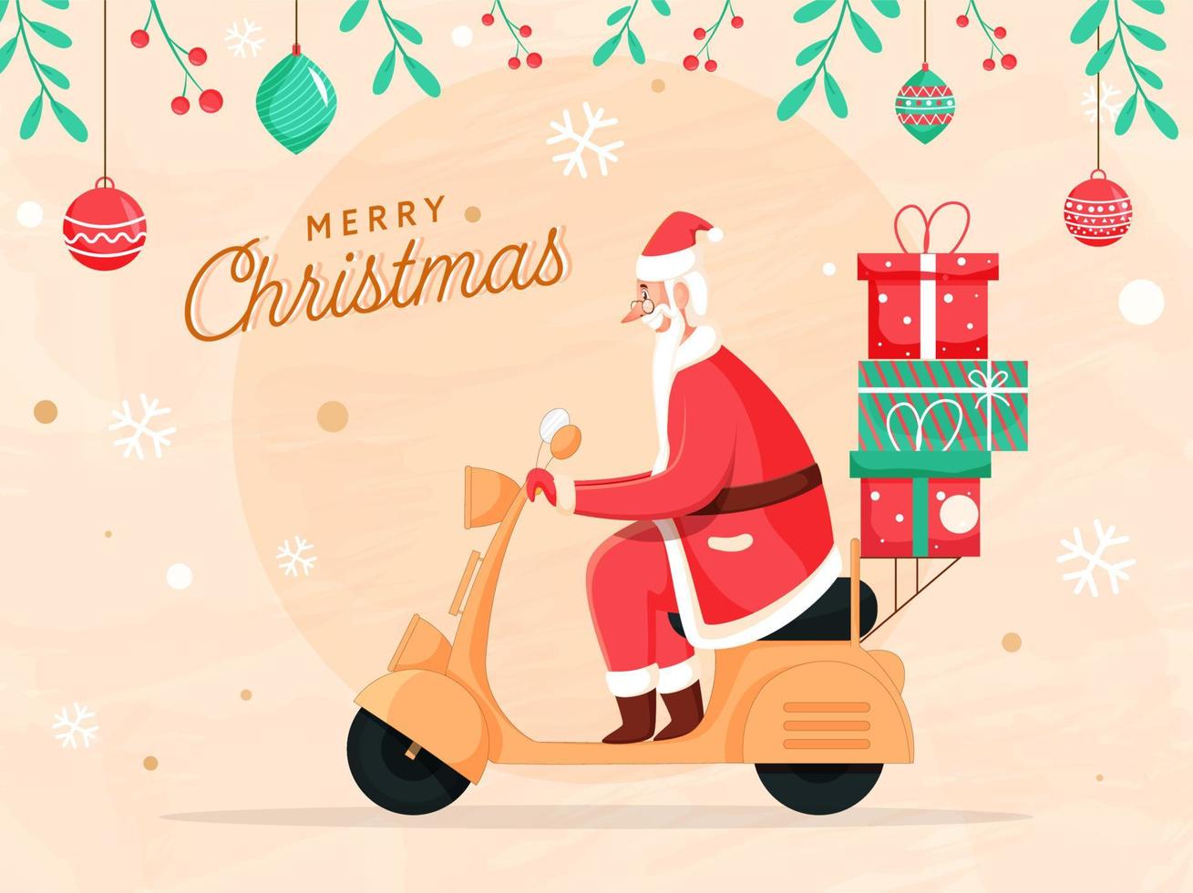 Cheerful Santa Claus Riding Scooter with Gift Boxes, Leaves, Berry Branch and Hanging Baubles Decorated on Peach Snowflake Background for Merry Christmas. vector