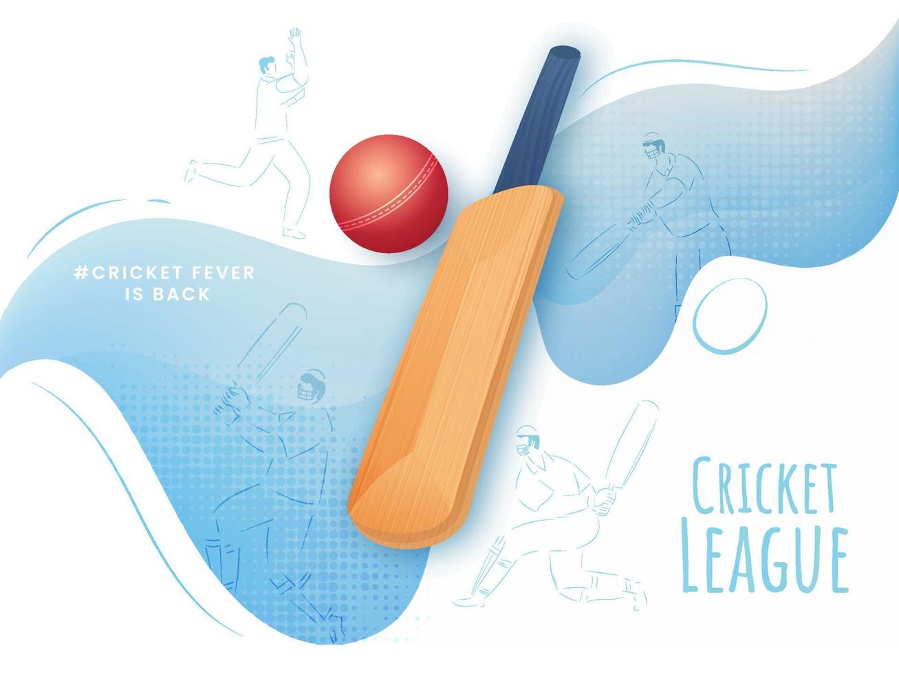 Cricket League Concept with Realistic Bat, Red Ball and Line Art Players on White and Blue Wave Background. vector