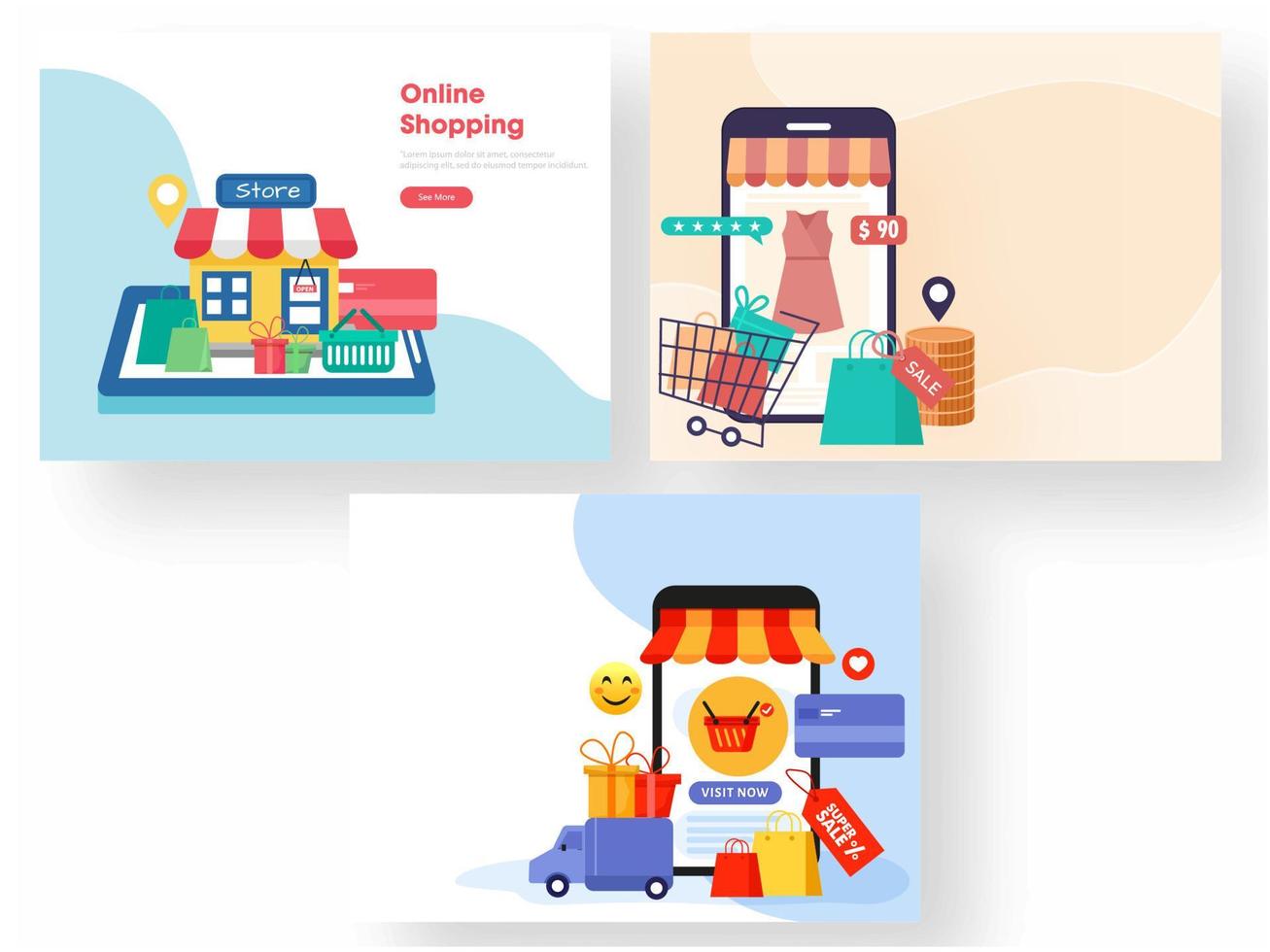 Online Shopping from Smartphone with Sale Tag, Carry Bags, Gift Boxes, Payment Card, Delivery Truck and Location Tracking in Three Options. vector