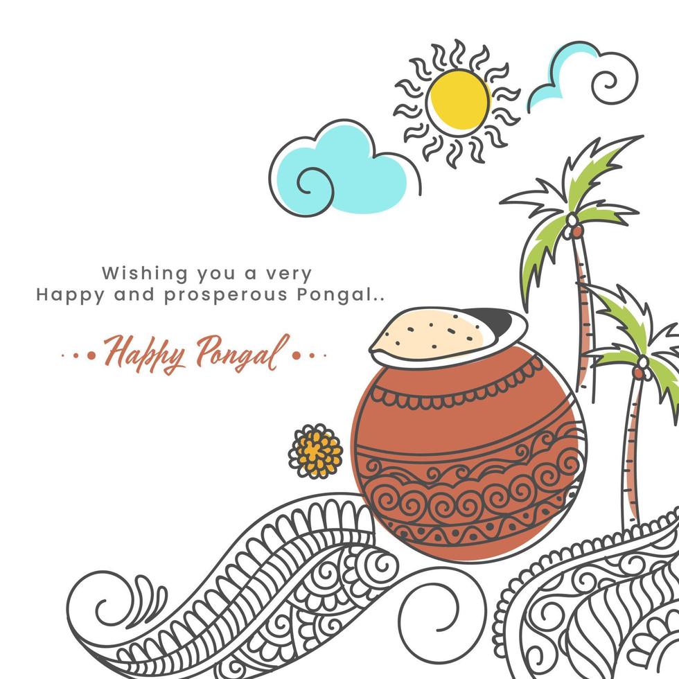 Vector Illustration Of Pongali Rice In Mud Pot, Coconut Trees, Floral Pattern And Sun God On White Background For Pongal Celebration.