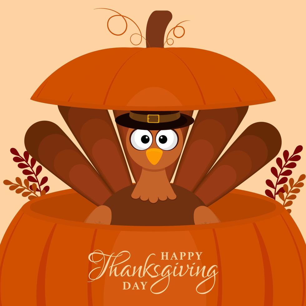 Illustration of Cartoon Turkey Bird Inside Pumpkin with Leaves on Light Orange Background for Happy Thanksgiving Day. vector